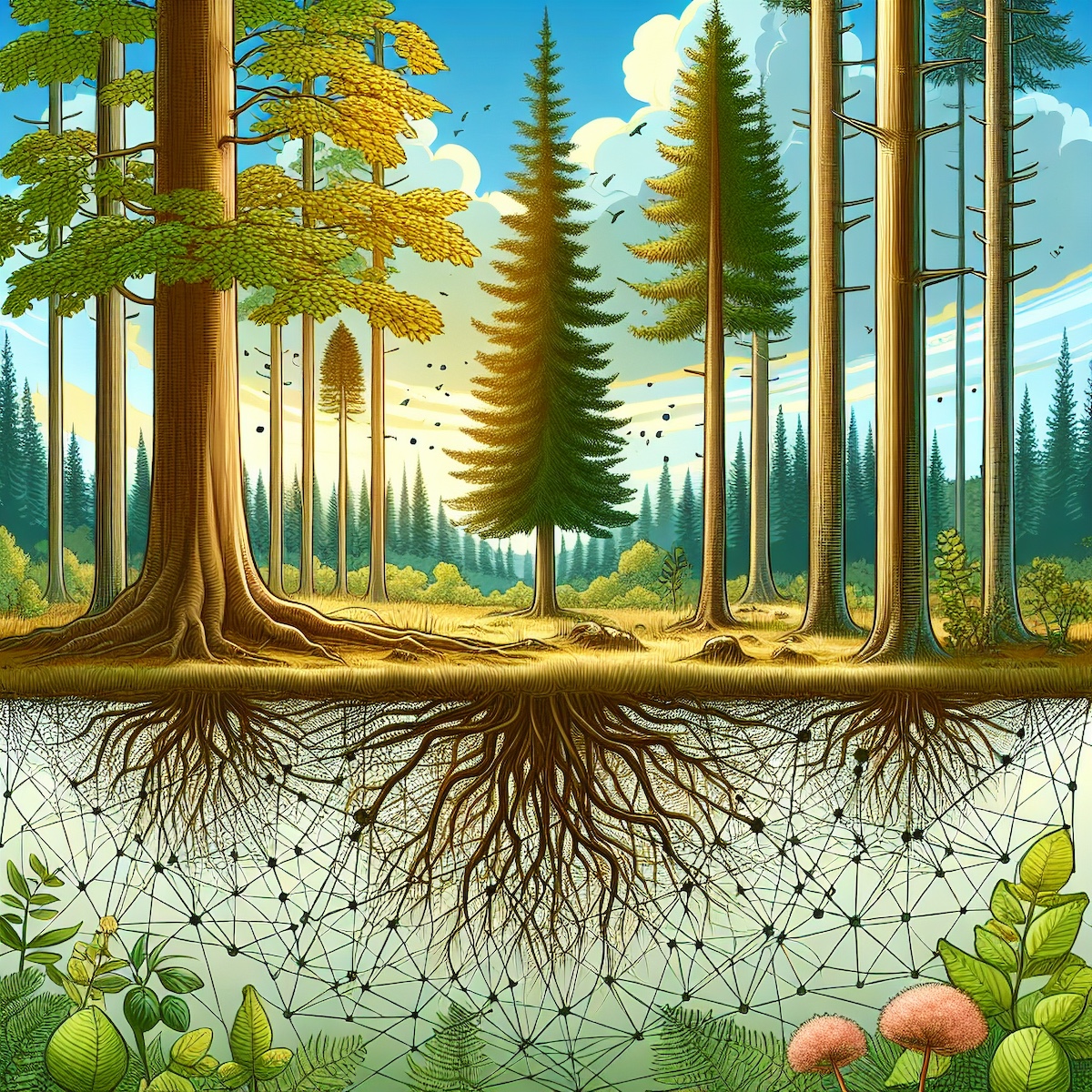 Temperate,Forest,With,Trees,Linked,With,Mycorrhizal,Network life underground